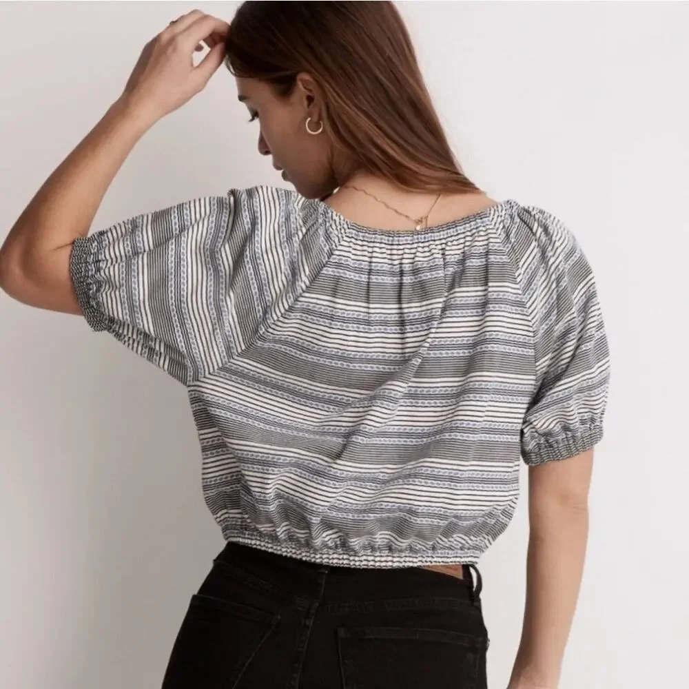 Madewell Jacquard Keyhole Puff Sleeve Crop Top Stripe chambray boho S EUC